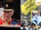 Người biểu tình giương cao hình ảnh của cựu Hoàng tử Andrew và Jeffrey Epstein bên ngoài Cung điện Buckingham vào ngày sinh nhật của Vua Charles
