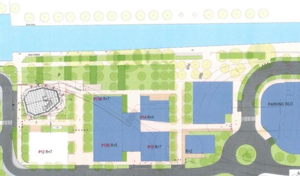 Bản đồ quận phía Tây Zac Gare. Vị trí tòa nhà Perspective được đánh dấu bằng hình chữ nhật màu trắng, phía sau hình bát giác của tòa tháp Elithis. Tài liệu được cung cấp
