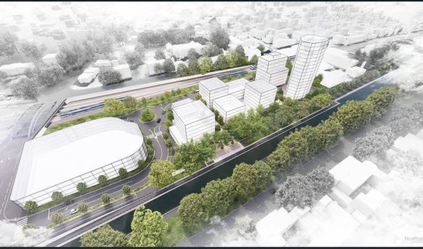 Hình ảnh dự đoán về khu vực phía tây của Zac Gare ở Mulhouse vào năm 2035. Tháp Elithis (phải) là tòa tháp duy nhất đã được xây dựng. Phía trước là bãi đậu xe silo. Tài liệu được cung cấp