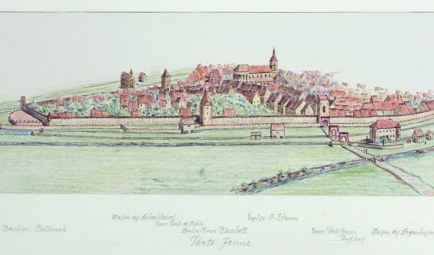 Alfred Fleck, vào năm 1954-1955, đã thực hiện “Các tiểu luận về việc xây dựng lại Old Mulhouse vào khoảng năm 1600”. Chúng ta hiểu rõ hơn về tình hình của các nhà máy, liên quan đến cổng và bức tường xung quanh. Tài liệu được cung cấp bởi Thư viện Thành phố Mulhouse